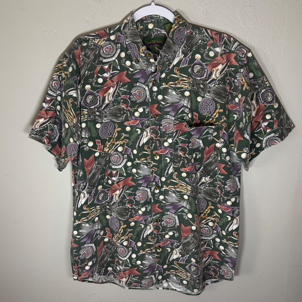 Hunting Horn Classics Mens Medium Golf Print‎ Button Down Shirt Green Cotton M
